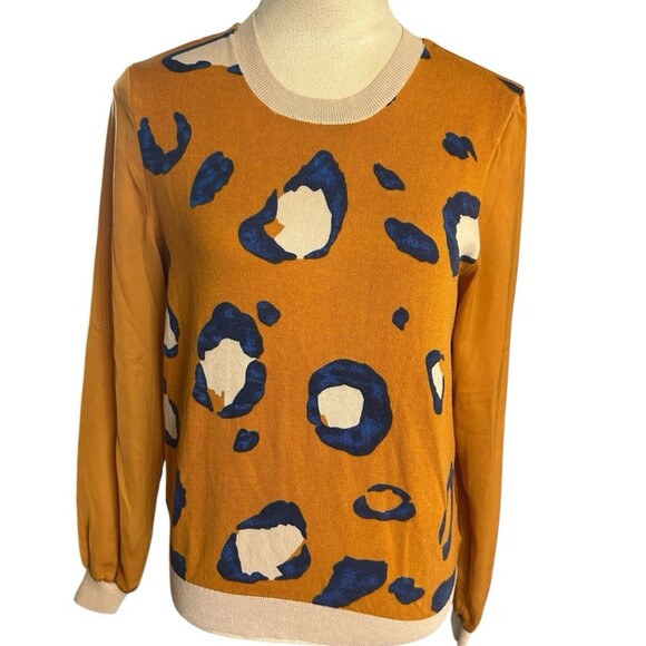 3.1 Philip Lim Leopard Mustard Crew Neck Lightweight Pullover Sweater Top Sz S - Picture 1 of 8